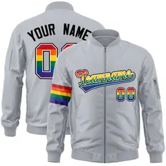 Light Gray LGBT Rainbow Pride Month Letterman Bomber Jacket