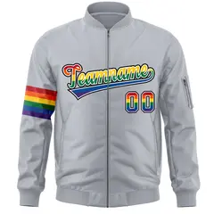 Light Gray LGBT Rainbow Pride Month Letterman Bomber Jacket 3