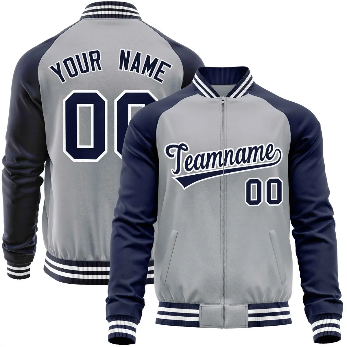 Light Gray Navy Raglan Full-Zip Letterman Baseball Jacket