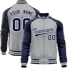 Light Gray Navy Raglan Full-Zip Letterman Baseball Jacket