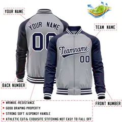 Light Gray Navy Raglan Full-Zip Letterman Baseball Jacket 4