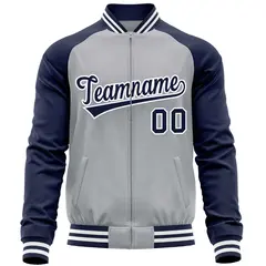 Light Gray Navy Raglan Full-Zip Letterman Baseball Jacket 5