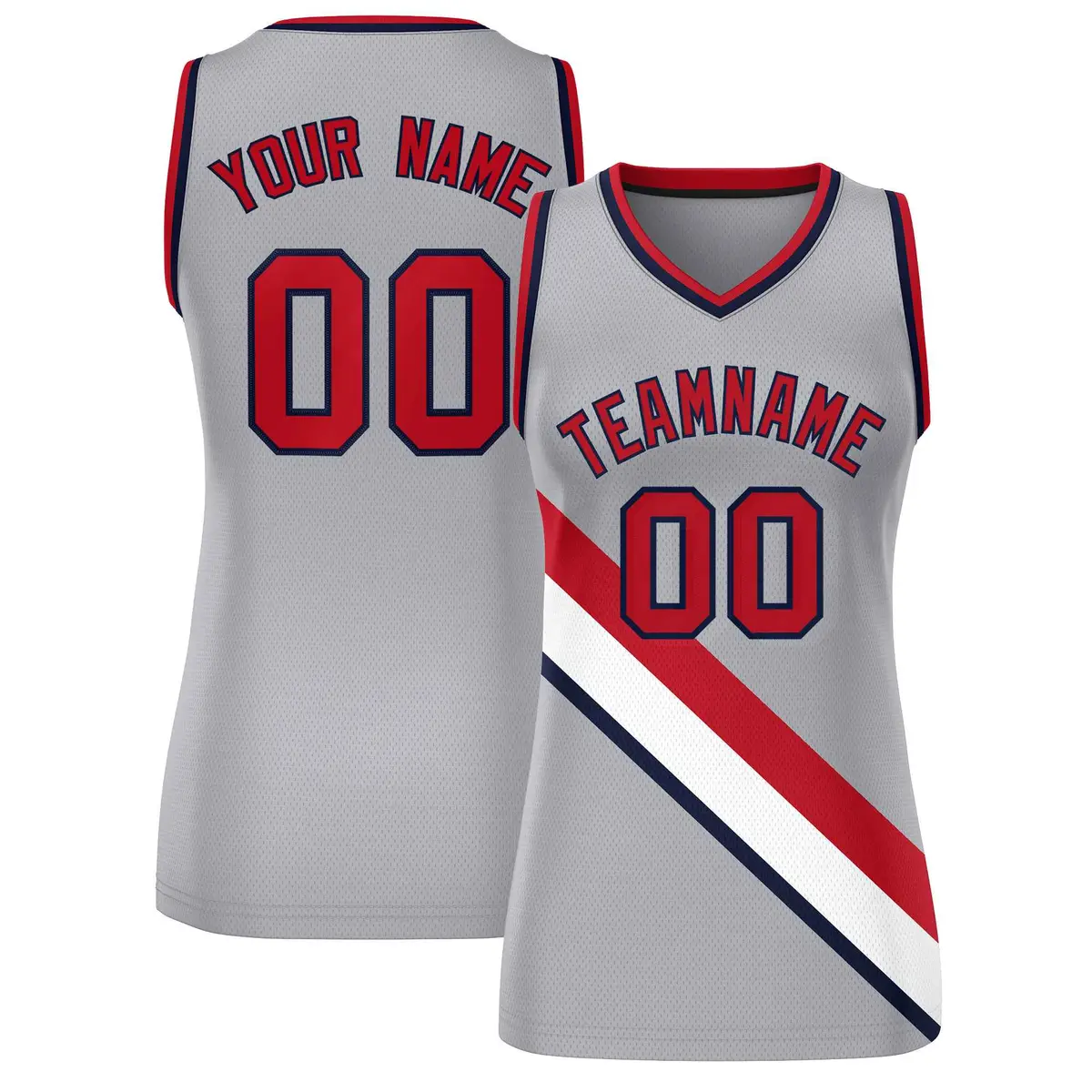 Women's Light Gray Navy-Red Thick Slash Mesh Basketball Jersey