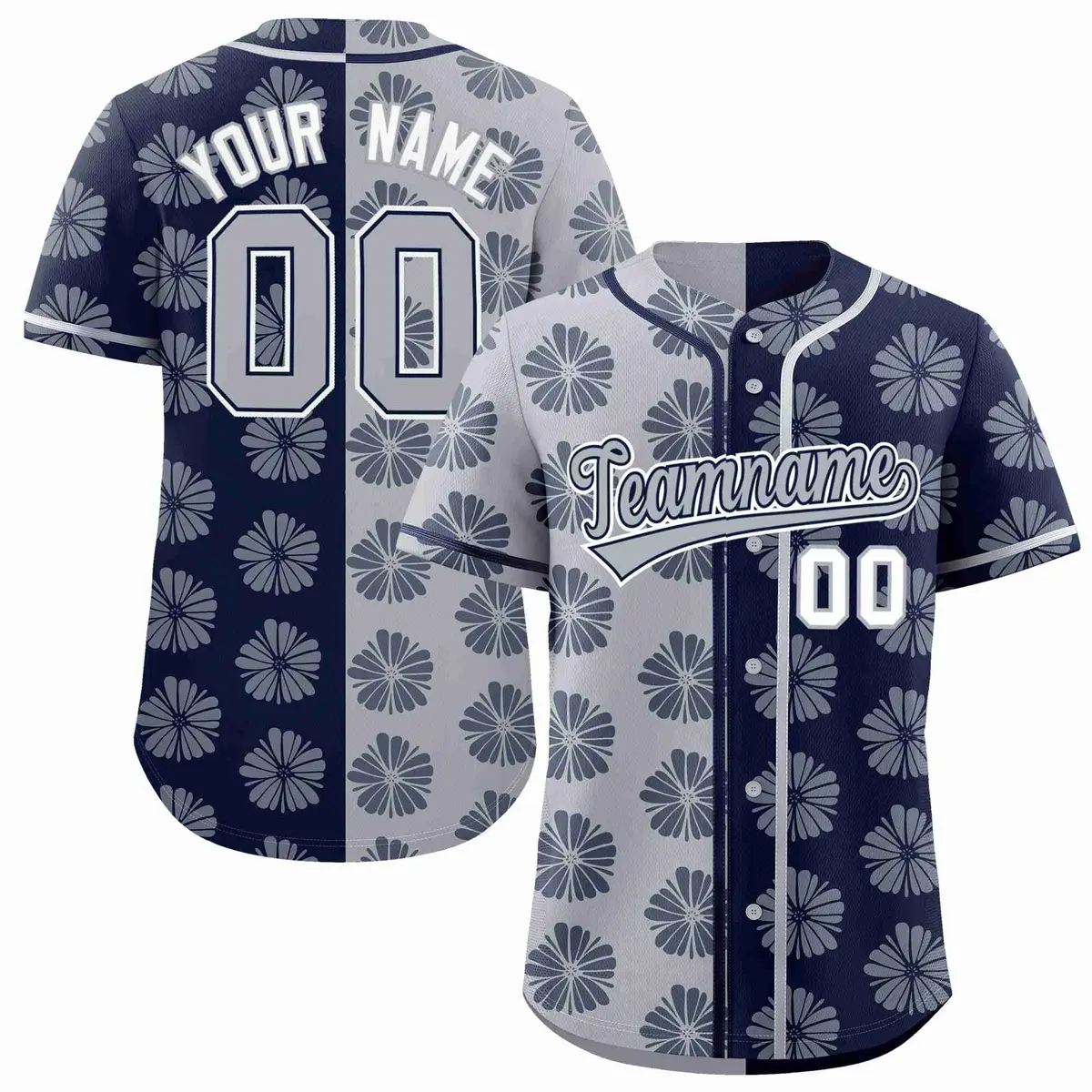 Light Gray Navy Split Flower Graffiti Baseball Jersey