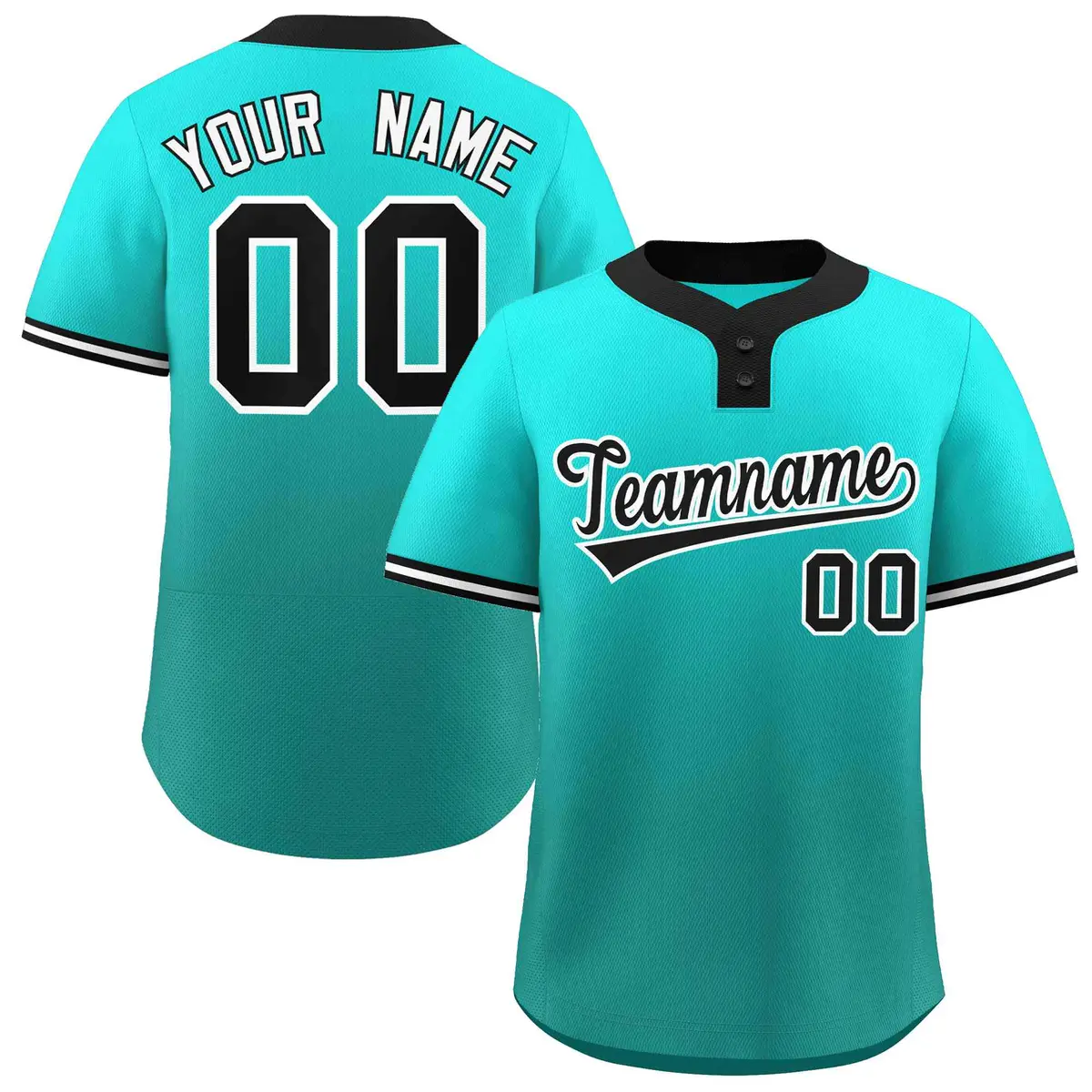 Light Green Aqua Black-White Gradient Two-Button Softball Jersey