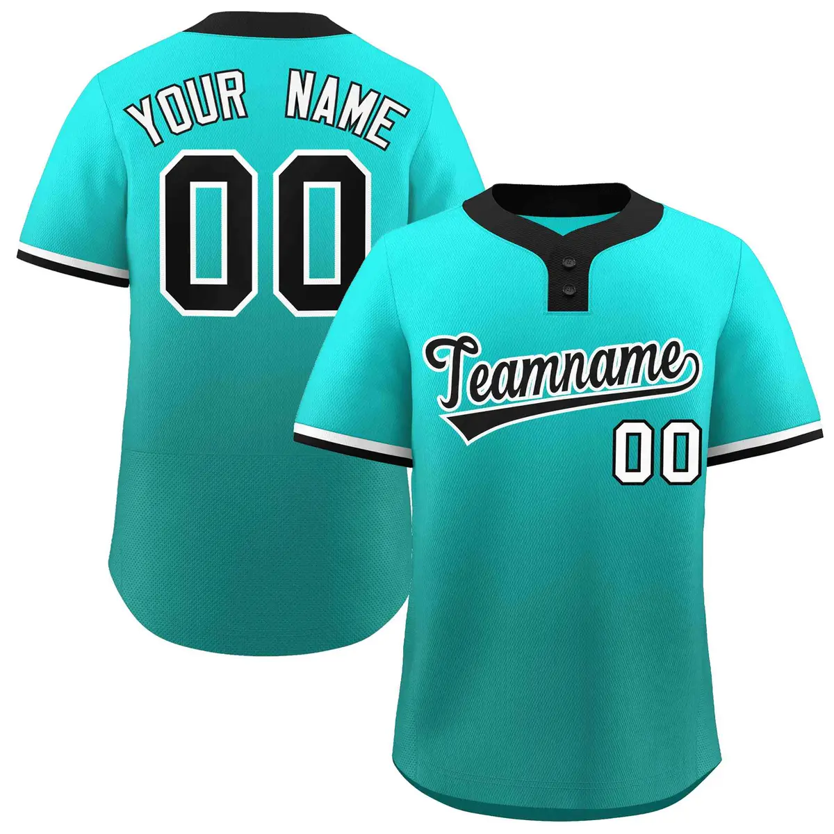 Light Green Aqua Black-White Gradient Two-Button Softball Jersey