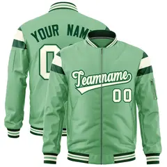Light Green Cream Shoulder Color Block Varsity Full-Zip Letterman Bomber Jacket