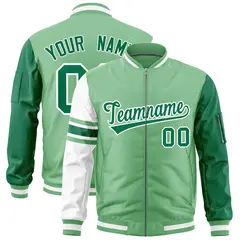 Light Green Kelly Green-White Varsity Full-Zip Raglan Stripe Letterman Bomber Jacket 1