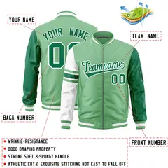Light Green Kelly Green-White Varsity Full-Zip Raglan Stripe Letterman Bomber Jacket 2