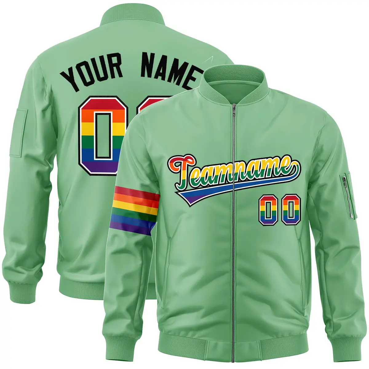Light Green LGBT Rainbow Pride Month Letterman Bomber Jacket