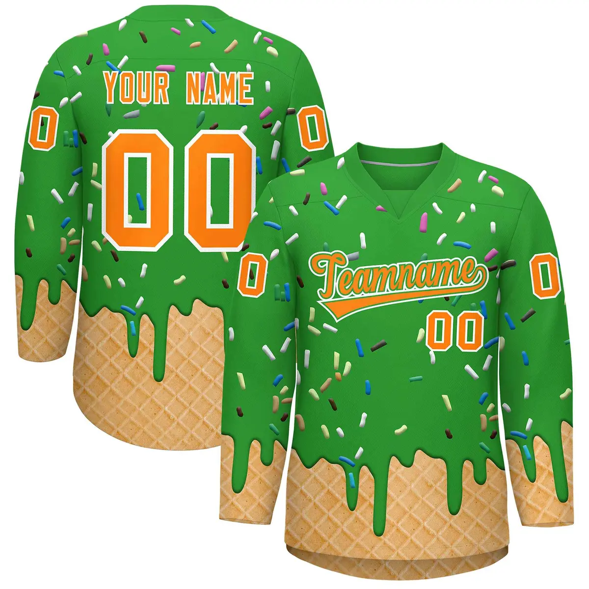 Light Green Orange Ice Cream Pattern V-Neck Hockey Jersey