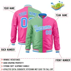 Light Green Pink Two Tone Split Varsity Letterman Bomber Jacket 2