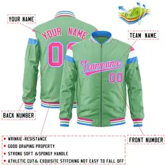 Light Green Pink White Full-Zip Shoulder Block Letterman Bomber Jacket 2