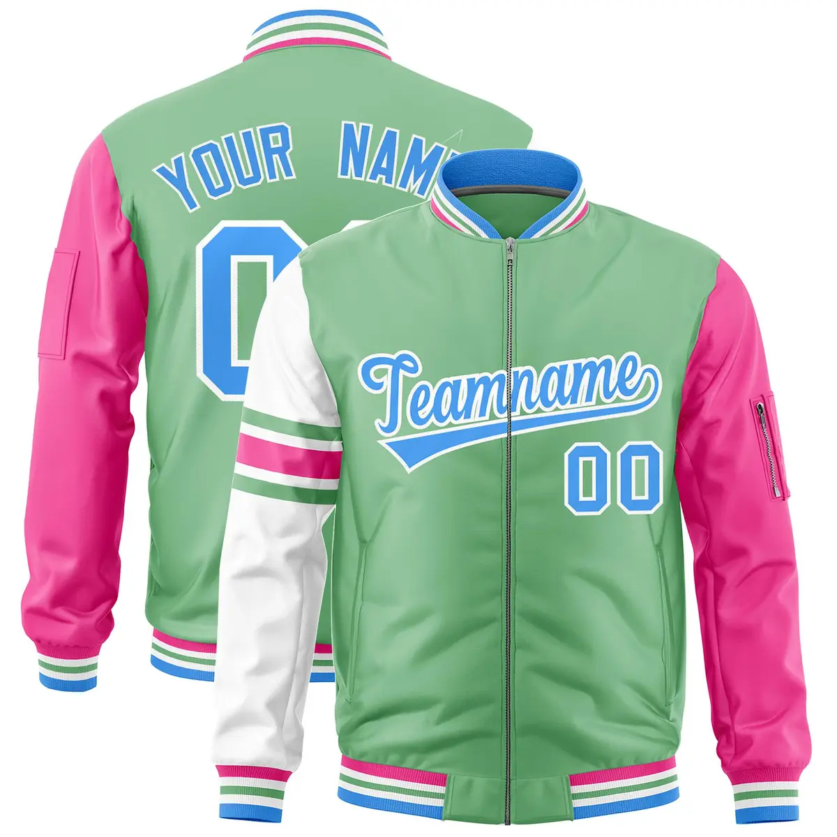 Light Green Pink-White Stripe Varsity Letterman Bomber Jacket