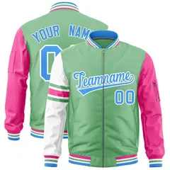 Light Green Pink-White Stripe Varsity Letterman Bomber Jacket 1