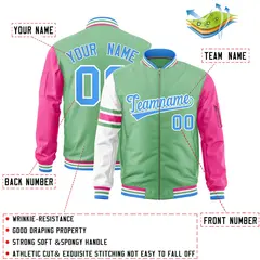 Light Green Pink-White Stripe Varsity Letterman Bomber Jacket 2