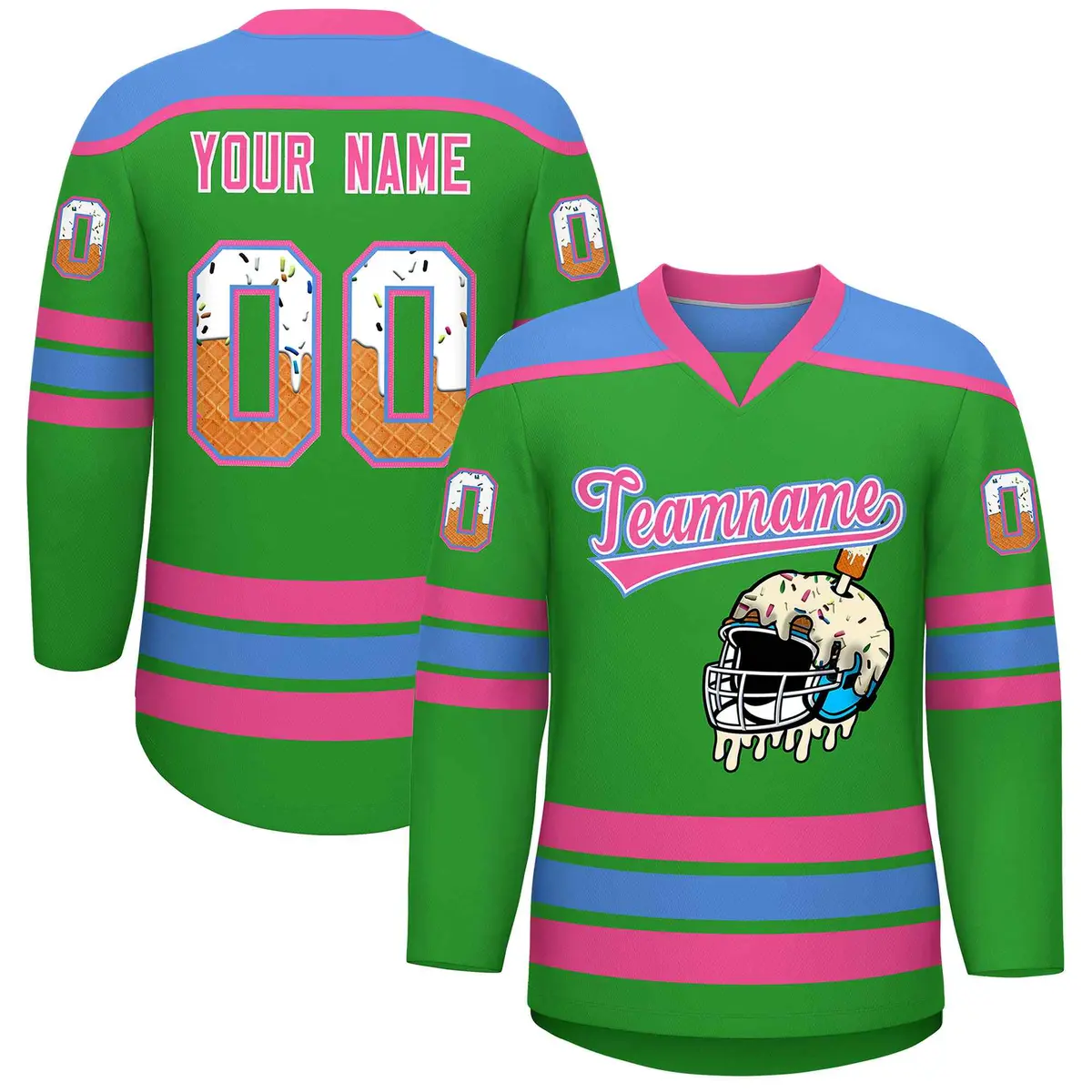Light Green Powder Blue Ice Cream Helmet Pattern Hockey Jersey