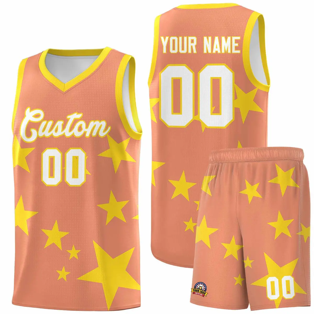 Light Orange Gold Star Print Graffiti Basketball Jersey Sets