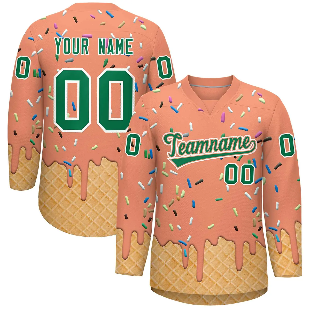 Light Orange Kelly Green Ice Cream Pattern V-Neck Hockey Jersey