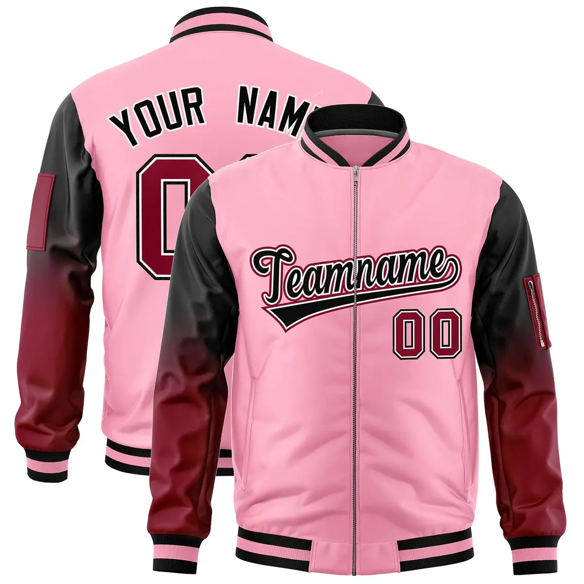 Light Pink Black-Crimson Gradient Raglan Varsity Full-Zip Letterman Bomber Jacket