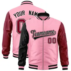 Light Pink Black Crimson Raglan Varsity Full-Zip Letterman Bomber Jacket