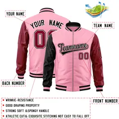 Light Pink Black Crimson Raglan Varsity Full-Zip Letterman Bomber Jacket 2