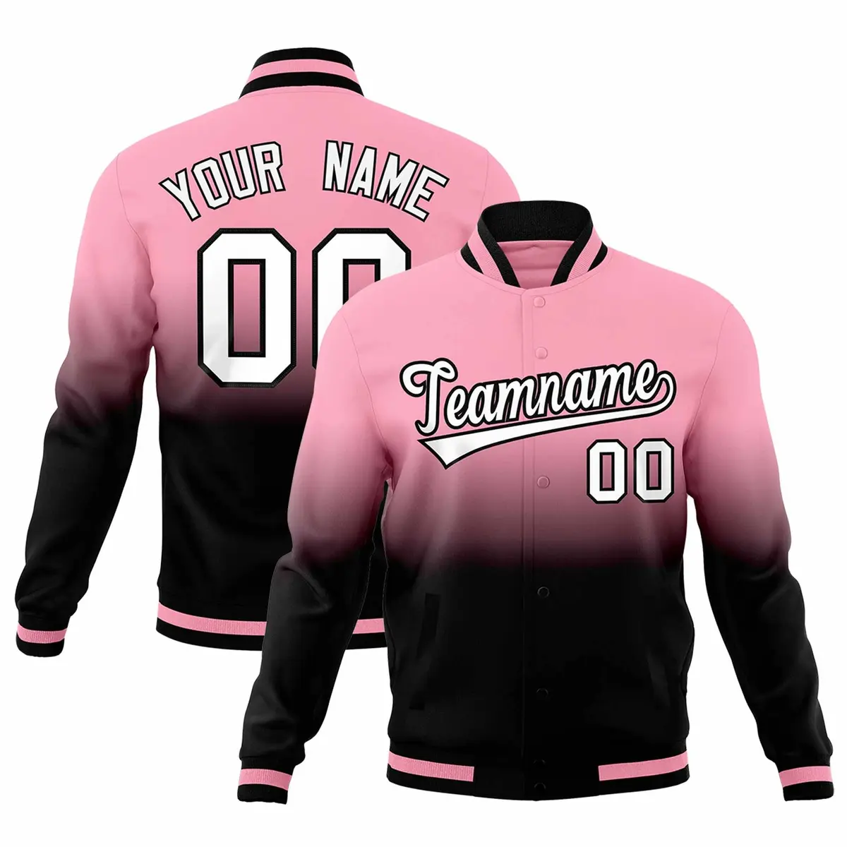 Light Pink Black Full-Snap Gradient Varsity Letterman Jacket
