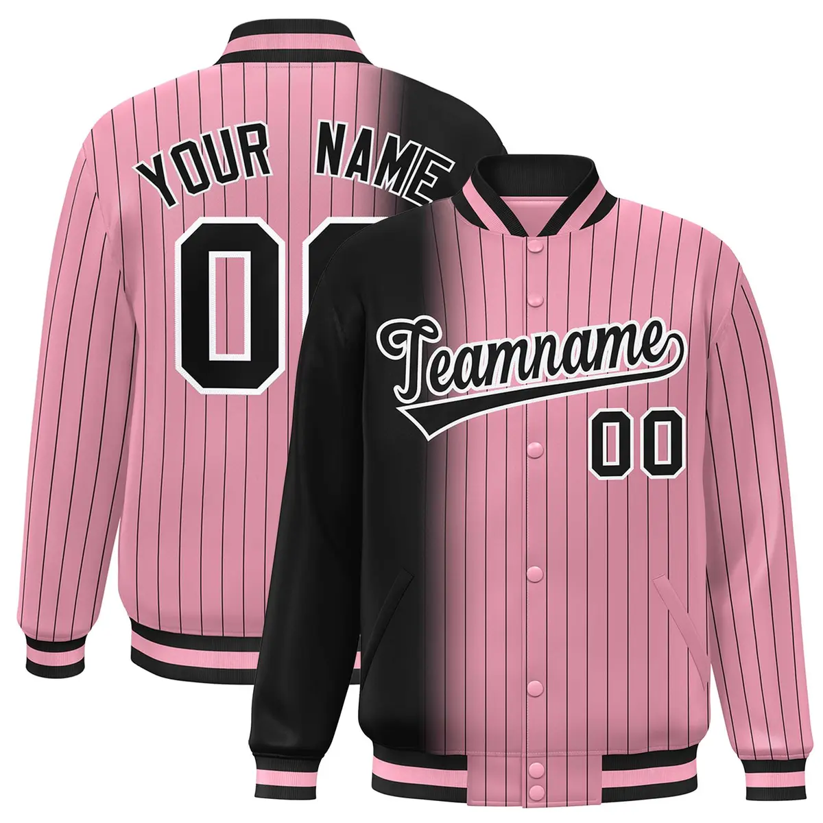 Light Pink Black Gradient Pinstripe Varsity Full-Snap Letterman Baseball Jacket
