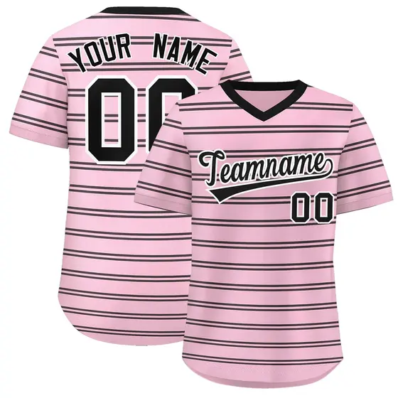 Light Pink Black Horizontal Stripe Pullover Baseball Jersey