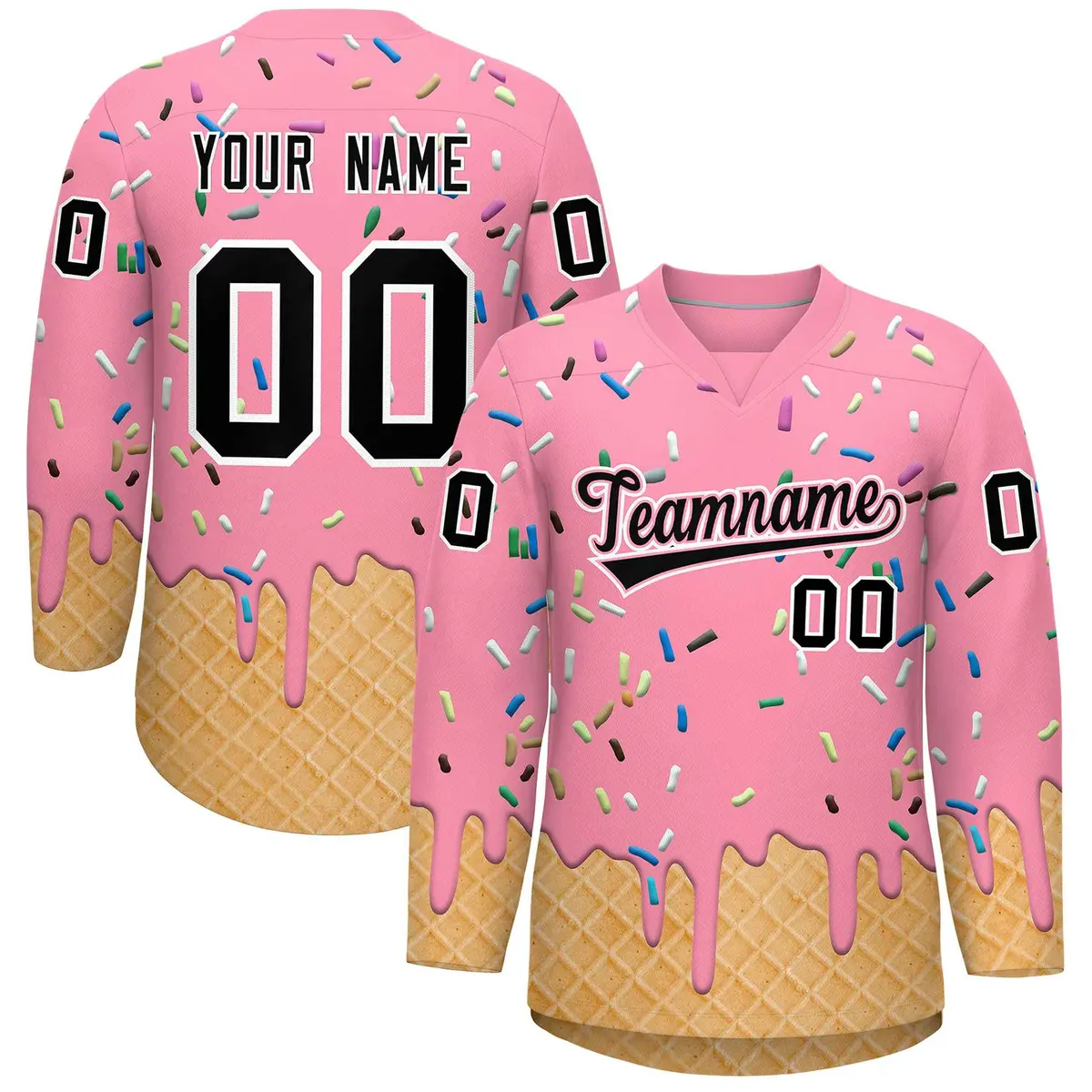 Light Pink Black Ice Cream Pattern V-Neck Hockey Jersey