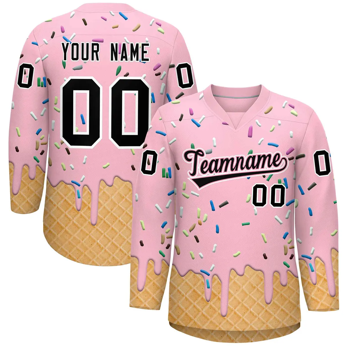 Light Pink Black Ice Cream Pattern V-Neck Hockey Jersey
