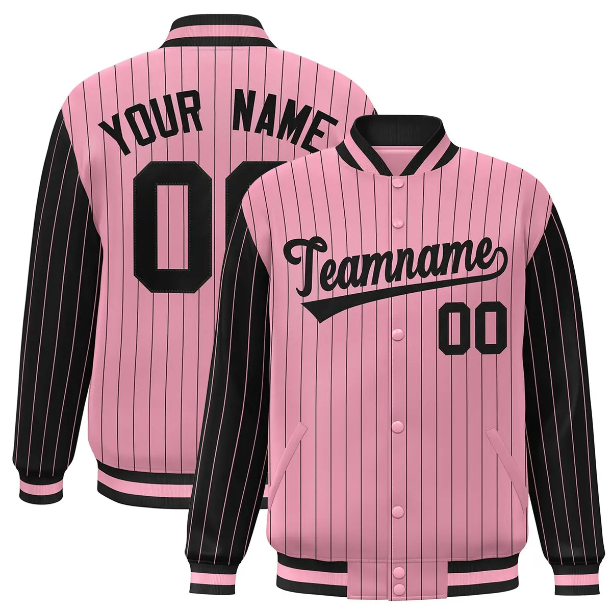 Light Pink Black Pinstripe Raglan Varsity Letterman Baseball Jacket