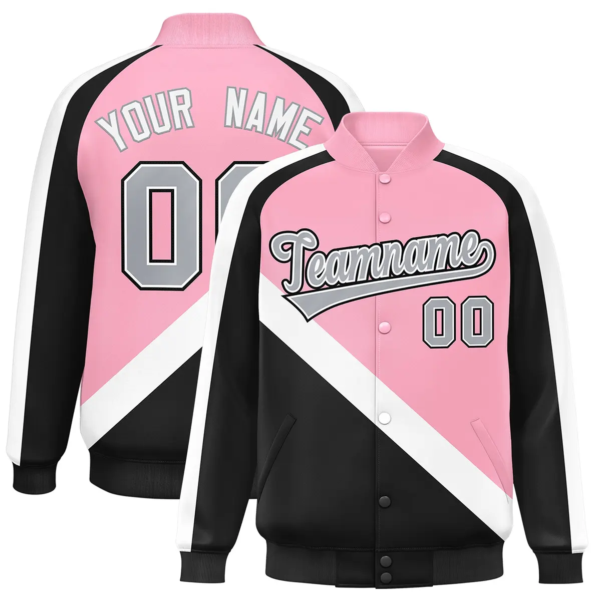 Light Pink Black Raglan Full-Snap Letterman Baseball Jacket