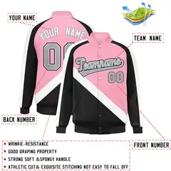 Light Pink Black Raglan Full-Snap Letterman Baseball Jacket 2