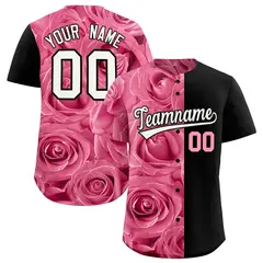 Light Pink Black Rose Print Split Baseball Jersey