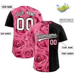 Light Pink Black Rose Print Split Baseball Jersey 2