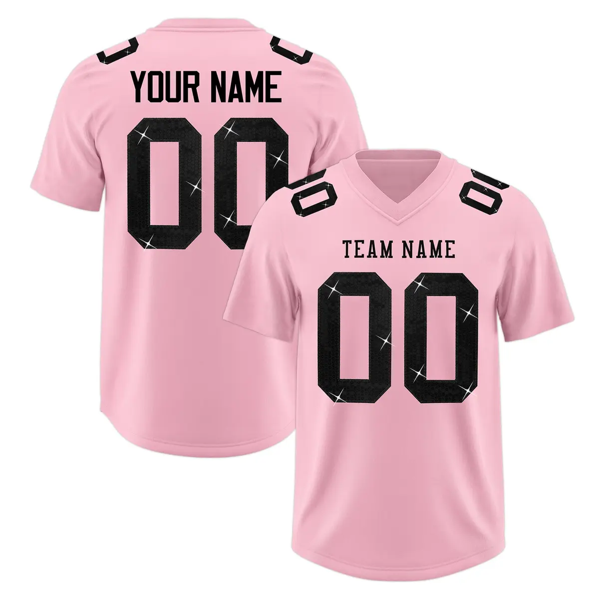 Light Pink Black Sequin Lettering Stretch Fabric Football Jersey