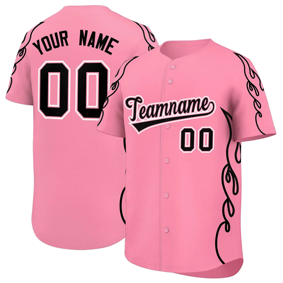 Light Pink Black Side Flame Outline Baseball Jersey
