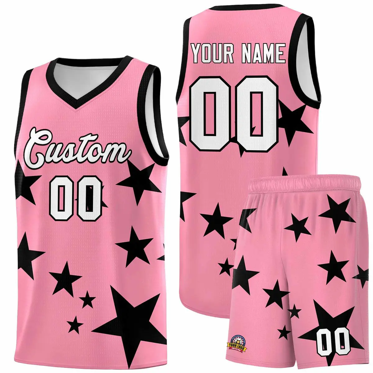 Light Pink Black Star Print Graffiti Basketball Jersey Sets