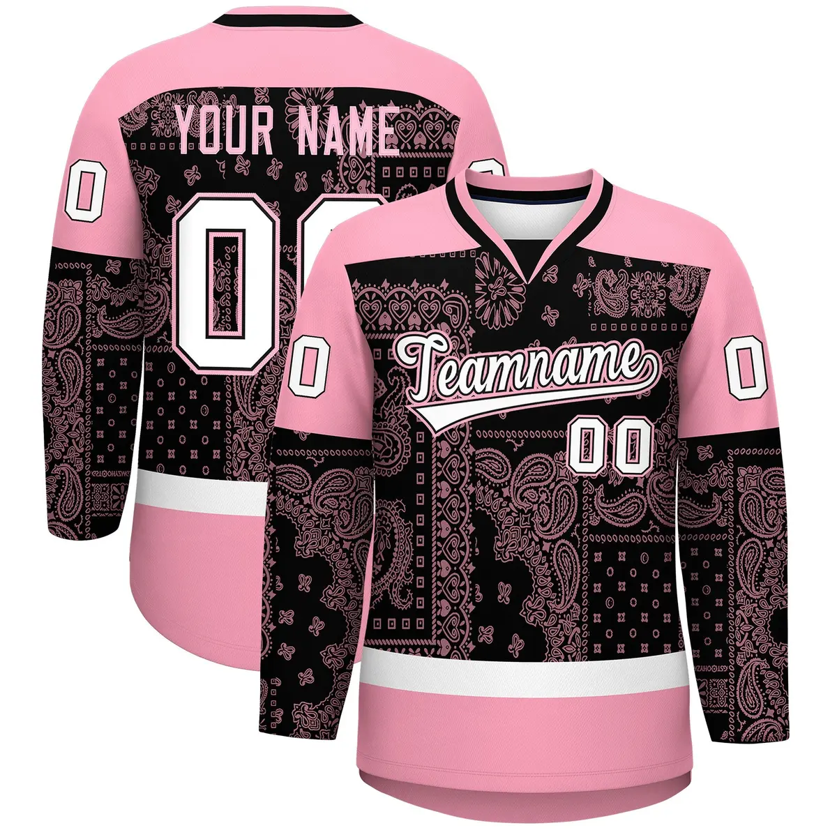 Light Pink Black White Cashew Flower Graffiti V-Neck Hockey Jersey