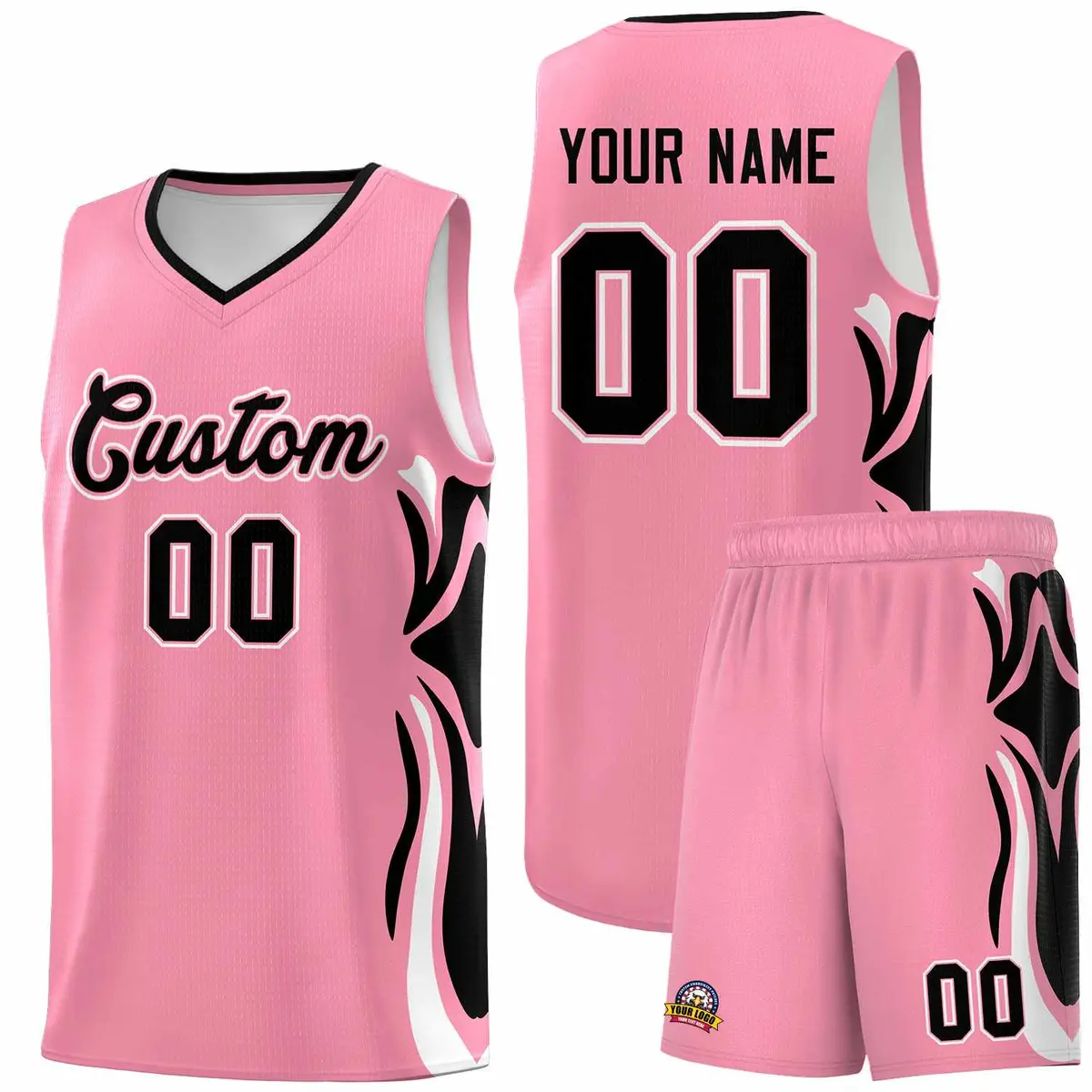 Light Pink Black-White Graffiti Side Curve Basketball Jersey Sets