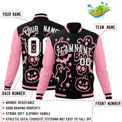 Light Pink Black White Halloween Bats Pumpkins Ghost Letterman Jacket 2