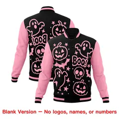 Light Pink Black White Halloween Bats Pumpkins Ghost Letterman Jacket 7