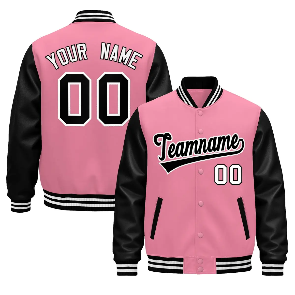Light Pink Black White Raglan Varsity Full-Snap Leather Sleeves Letterman Jacket
