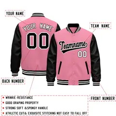 Light Pink Black White Raglan Varsity Full-Snap Leather Sleeves Letterman Jacket 2