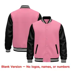 Light Pink Black White Raglan Varsity Full-Snap Leather Sleeves Letterman Jacket 5