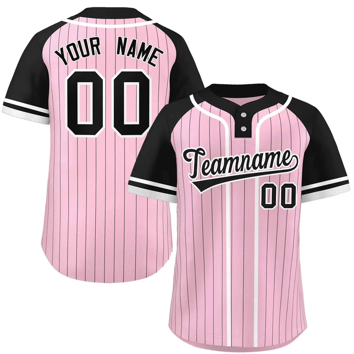 Light Pink Black-White Stripe Raglan Two-Button Softball Jersey