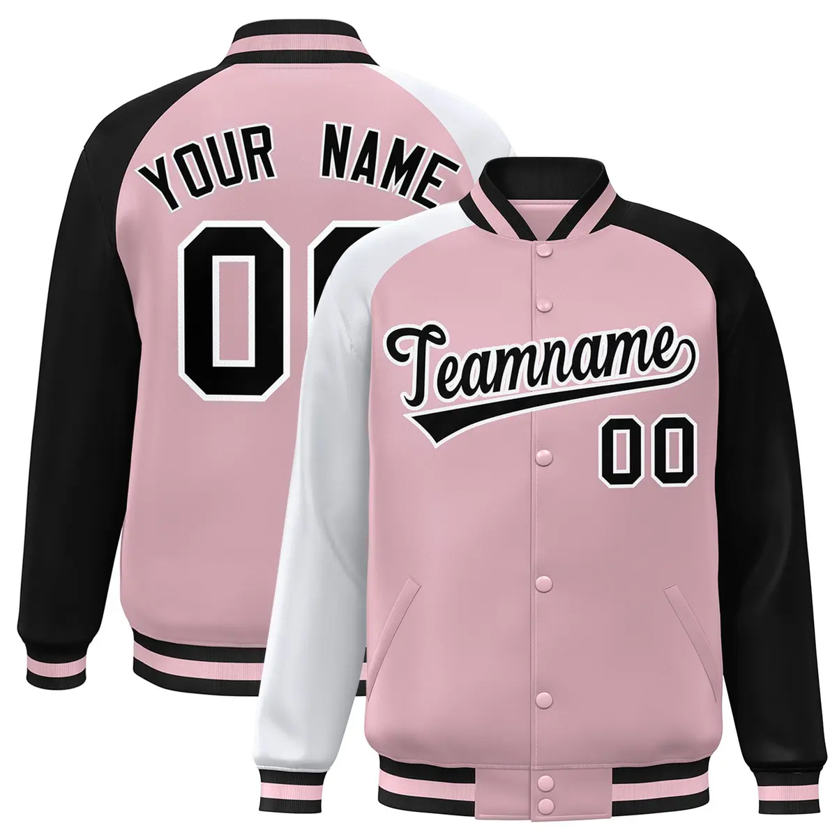 Light Pink Black-White Varsity Raglan Letterman Bomber Jacket