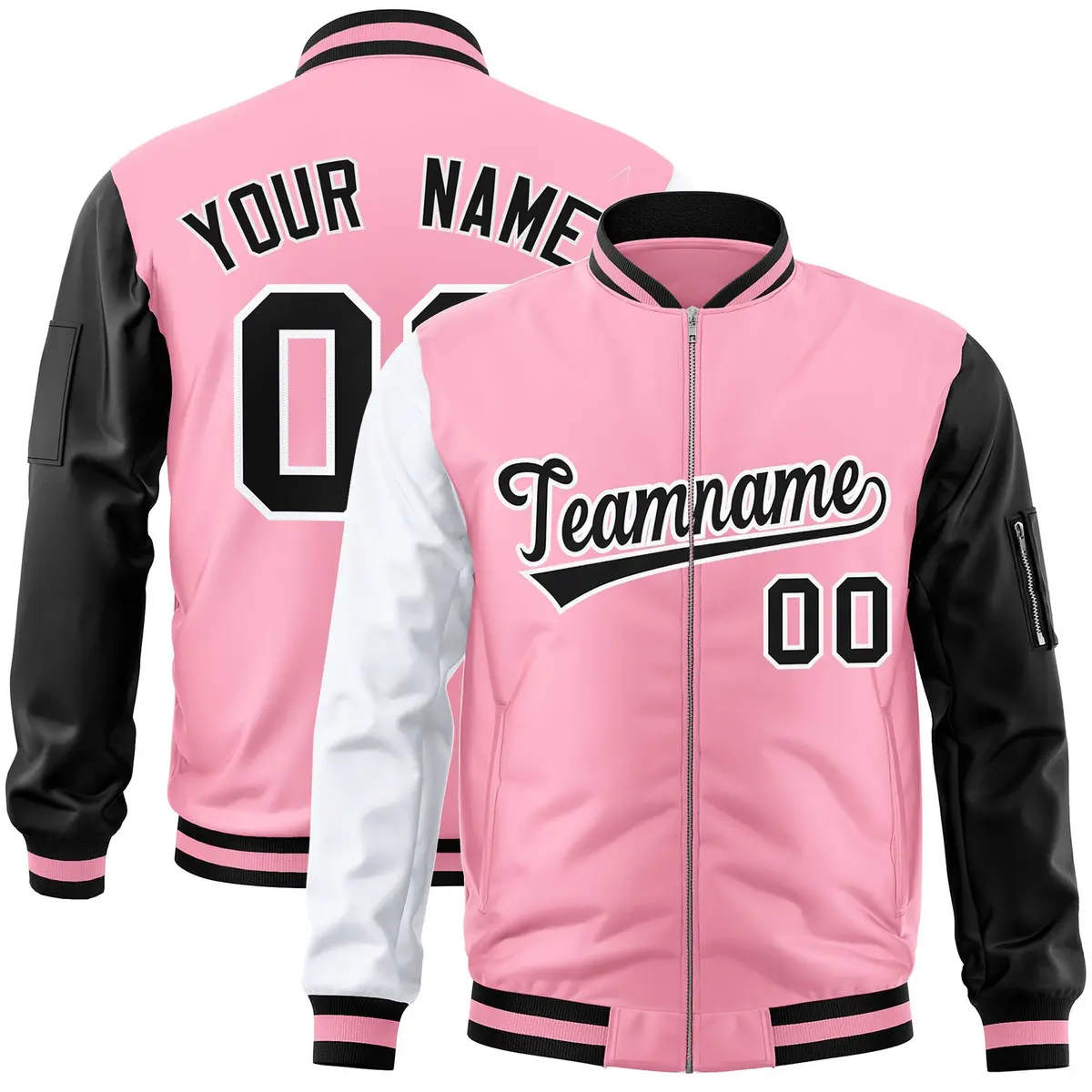 Light Pink Black-White Varsity Raglan Letterman Bomber Jacket