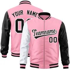 Light Pink Black-White Varsity Raglan Letterman Bomber Jacket